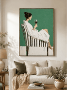Emerald green figurative wall art displayed in a modern neutral living room