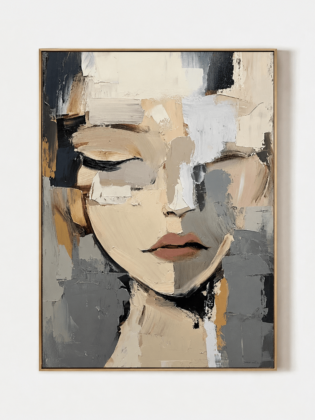 Hand painted modern abstract portrait wall art of a woman with closed eyes in beige, grey and black impasto texture by Eleanor Hayes