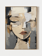 Hand painted modern abstract portrait wall art of a woman with closed eyes in beige, grey and black impasto texture by Eleanor Hayes