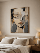 Neutral female face painting styled in a sophisticated beige and grey bedroom