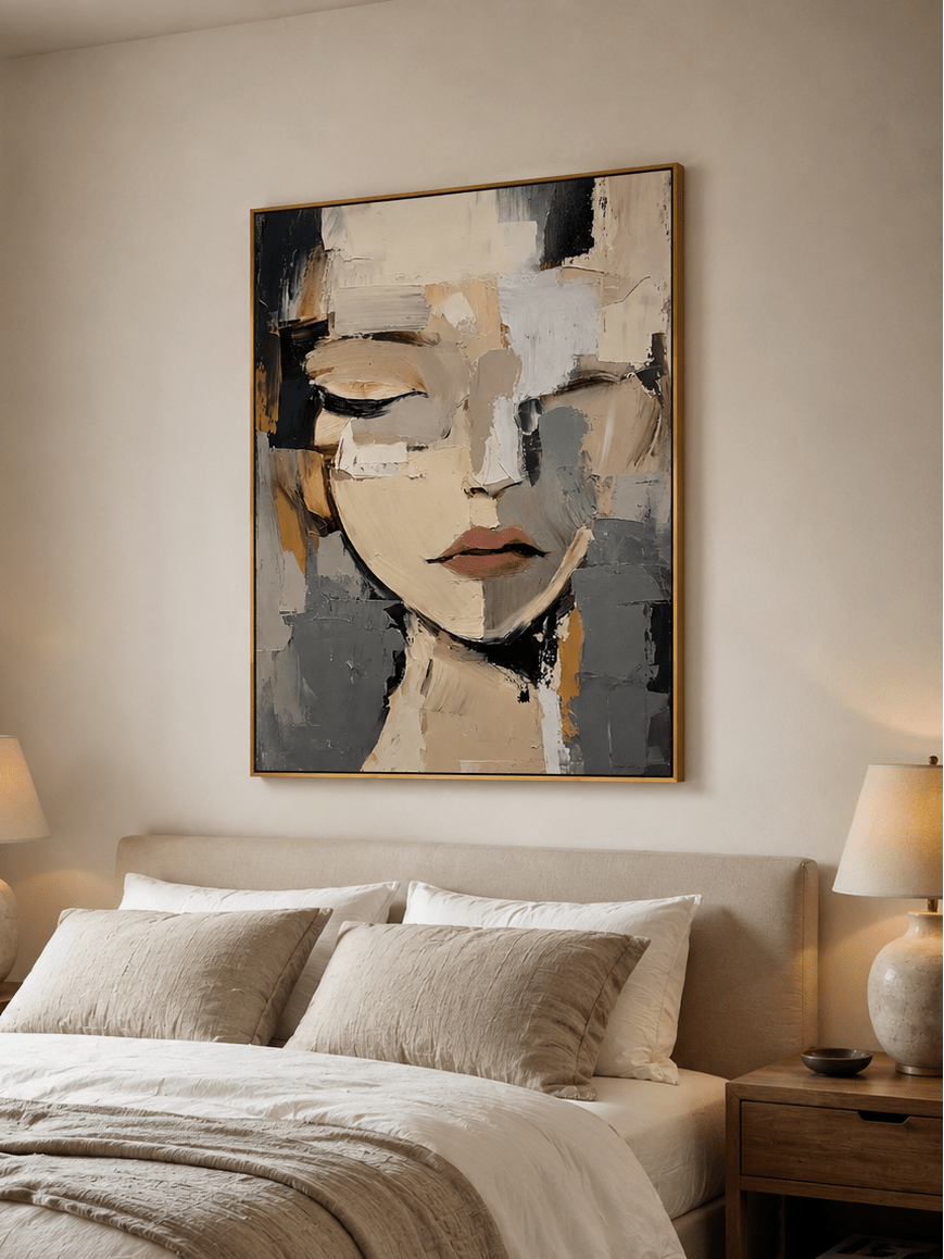 Neutral female face painting styled in a sophisticated beige and grey bedroom