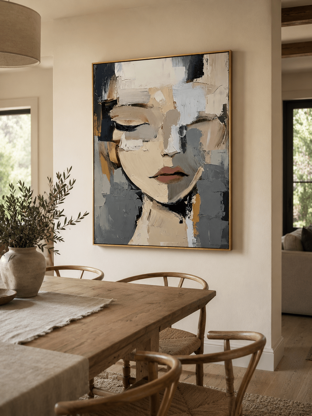 Neutral abstract female portrait with fragmented beige and grey palette knife texture