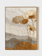 Hand painted 3D textured floral wall art with cream and gold-toned flowers over a grey abstract landscape by Luna Xiao