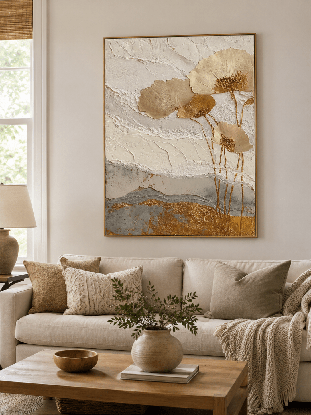 Gold textured floral wall art displayed in a modern neutral living room