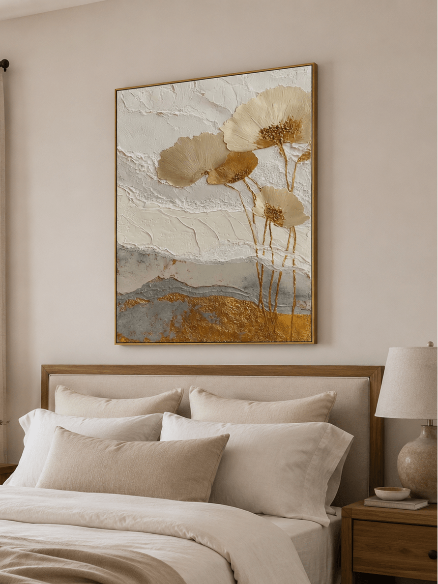 Cream and gold floral canvas styled above a bed in a sophisticated neutral bedroom