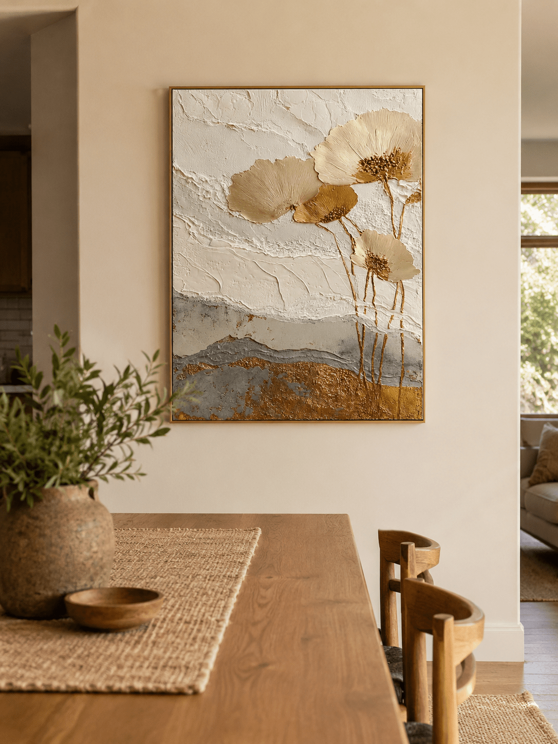 3D textured botanical wall art displayed in an elegant cream and grey dining room
