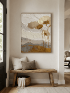 Modern textured floral wall art with sculptural cream blooms and warm gold accents