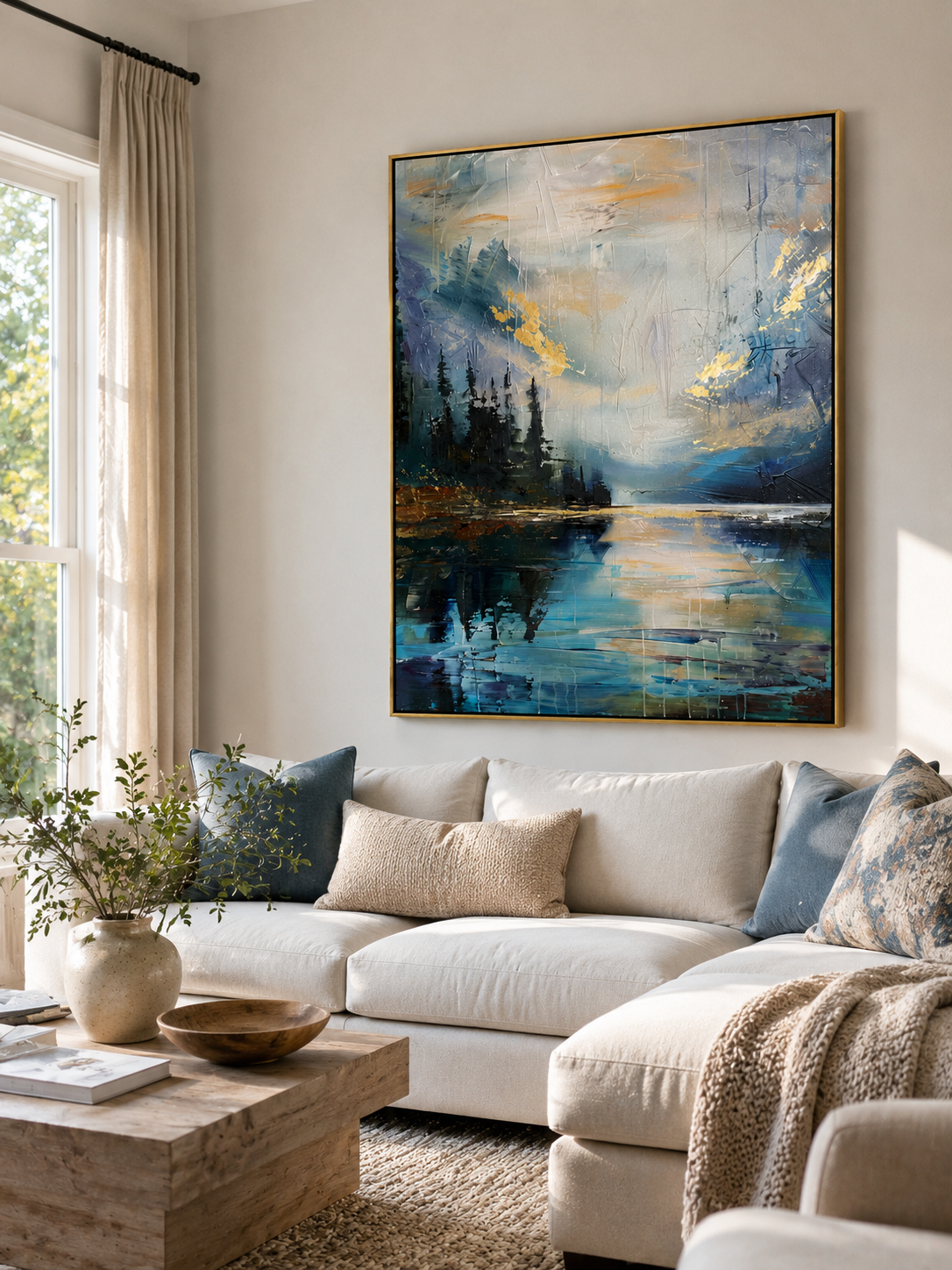 Textured mountain lake wall art displayed in a modern neutral living room