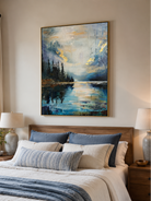 Blue landscape canvas styled above a bed in a calm contemporary bedroom