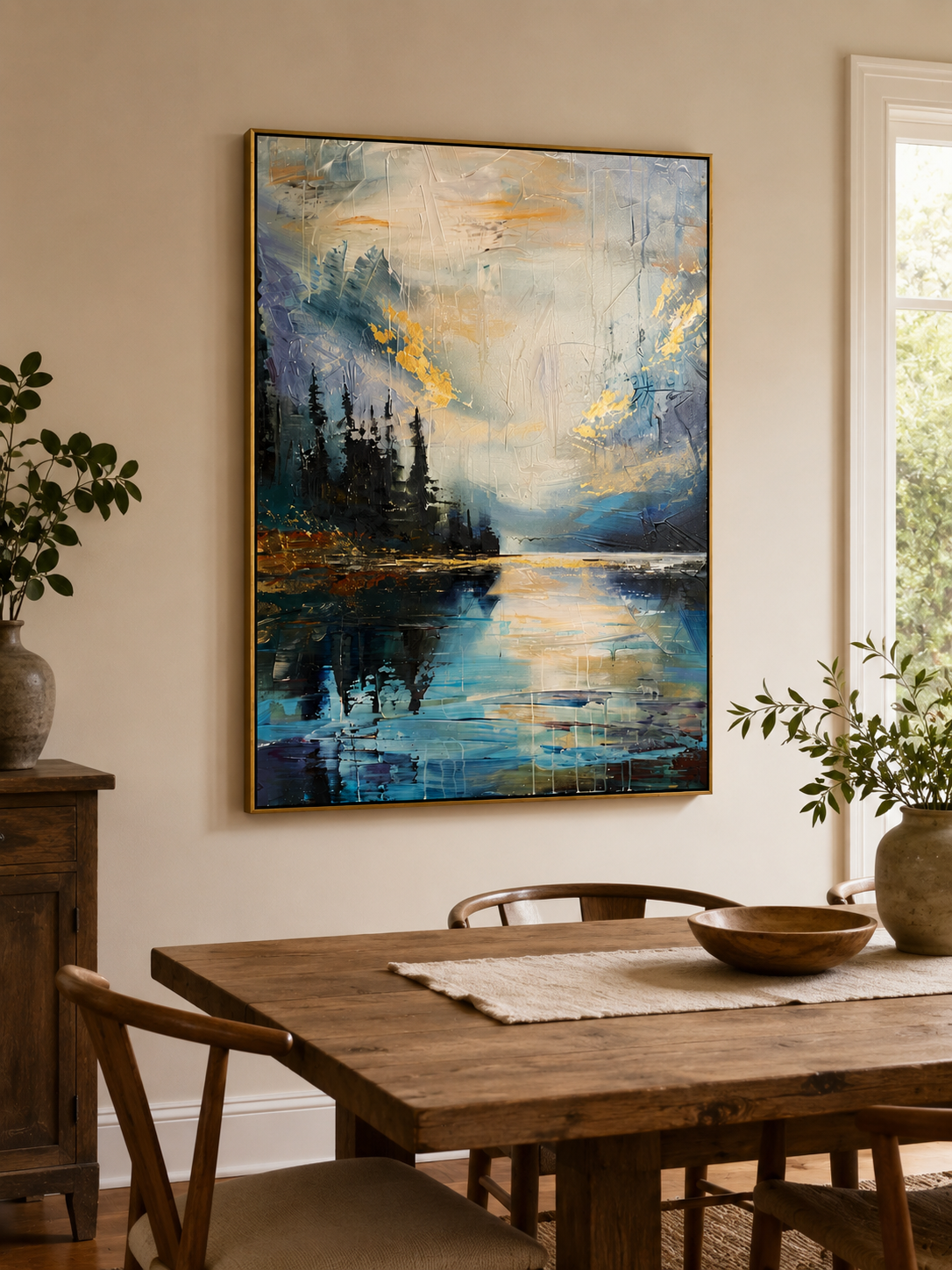 Modern blue landscape wall art with misty mountains, dark forest and reflective lake