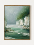 Hand painted textured green landscape wall art with an emerald river, misty cliffs and deep forest by Evelyn Li