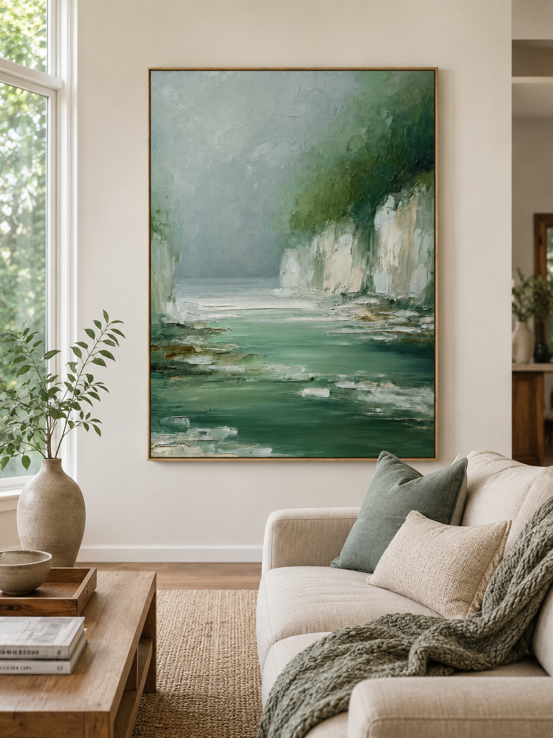 Green landscape wall art displayed in a modern neutral living room