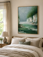 Emerald river canvas styled above a bed in a calm contemporary bedroom