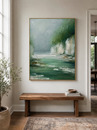 Close-up of palette knife texture on emerald river landscape painting by Evelyn Li