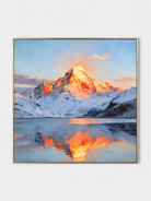 Hand-painted impasto alpine sunrise mountain wall art with blue lake reflection by Evelyn Li
