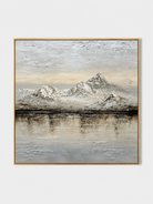 Hand-painted wabi-sabi textured mountain lake wall art in ivory, beige and gray by Evelyn Li