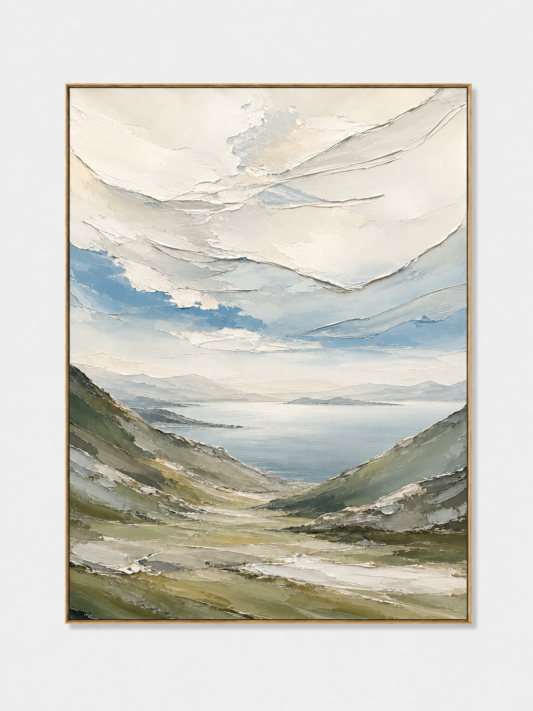 Hand-painted textured mountain valley wall art in sage green, soft blue and ivory by Evelyn Li on white