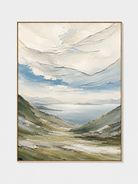 Hand-painted textured mountain valley wall art in sage green, soft blue and ivory by Evelyn Li on white