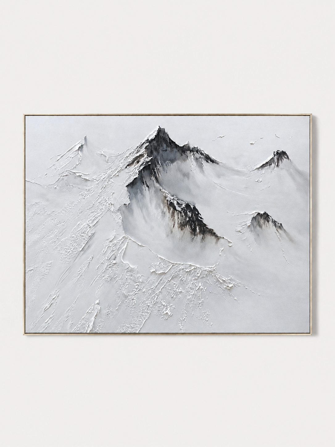 Hand-painted minimalist textured snow mountain wall art in white, gray and black by Evelyn Li