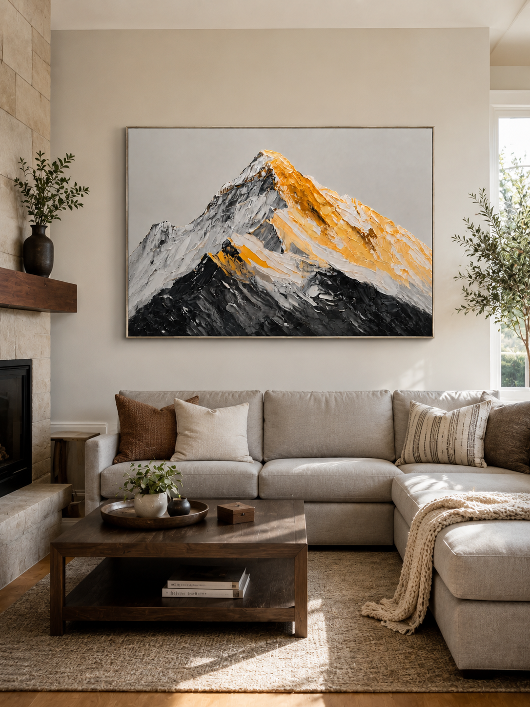 Black and gold textured mountain painting above a neutral sofa in a contemporary living room