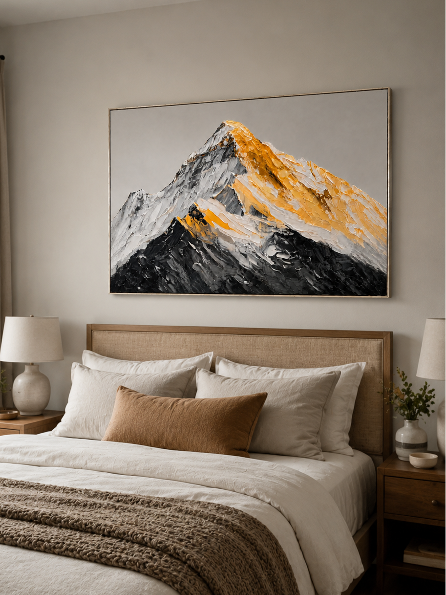 Impasto golden mountain wall art displayed above a bed in a warm modern bedroom