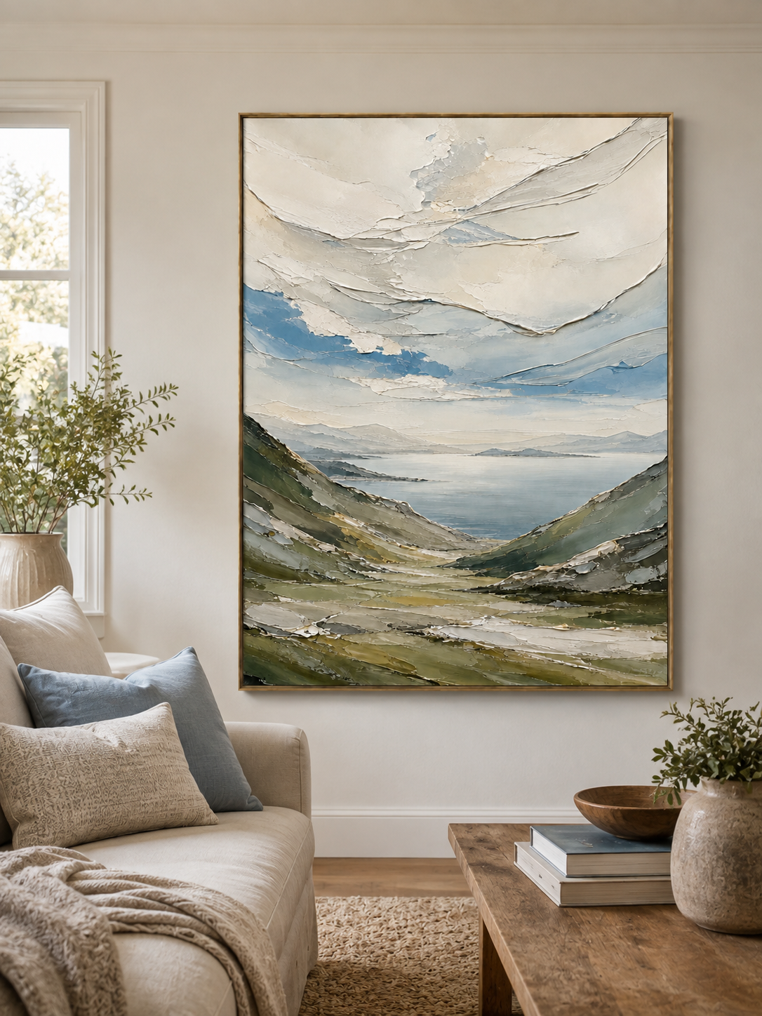 Textured mountain valley painting above a neutral sofa in an organic modern living room