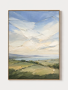 Hand-painted sage green textured landscape wall art with rolling hills and blue sky by Evelyn Li