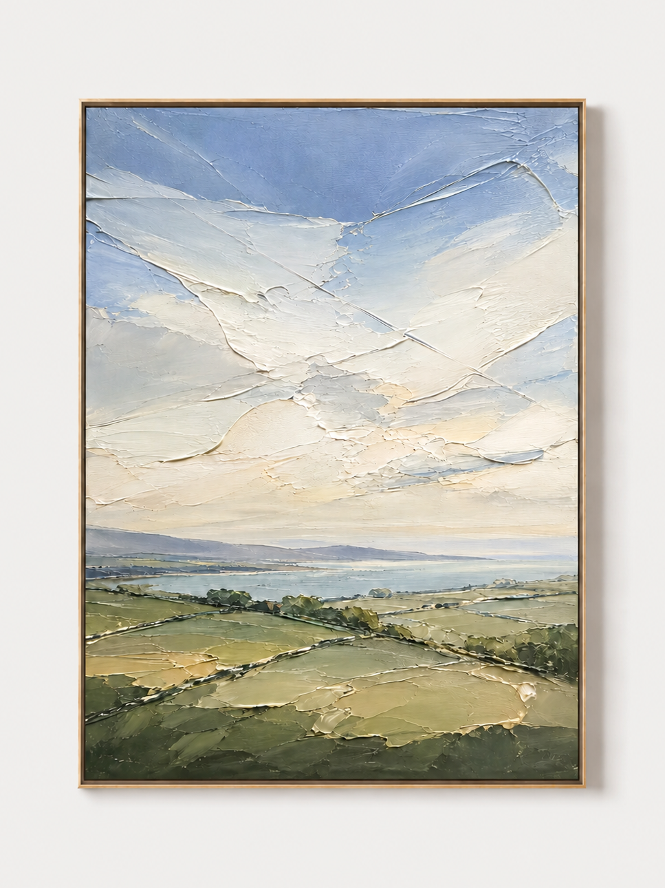 Hand-painted sage green textured landscape wall art with rolling hills and blue sky by Evelyn Li