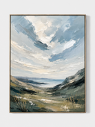 Hand-painted textured coastal landscape wall art with green hills and distant blue sea by Evelyn Li