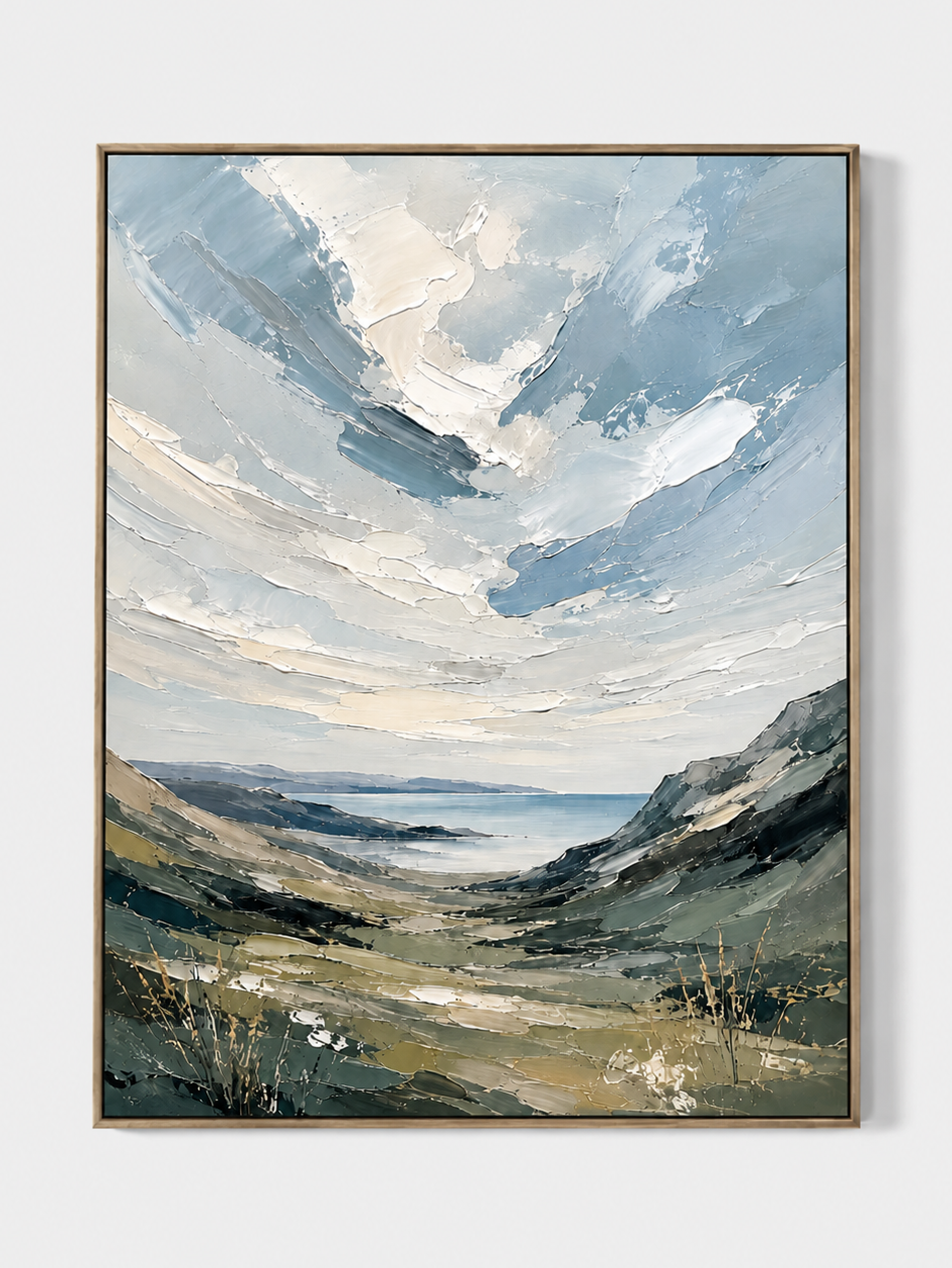 Hand-painted textured coastal landscape wall art with green hills and distant blue sea by Evelyn Li