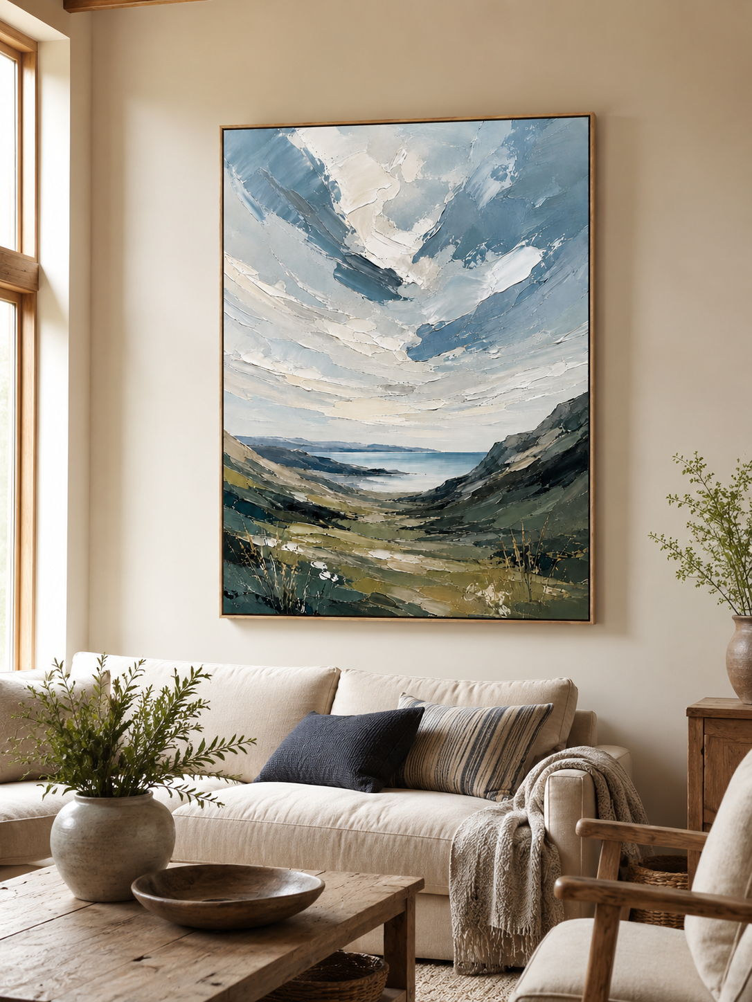Sage green coastal landscape painting above a cream sofa in an organic modern living room