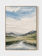 Hand-painted textured mountain valley landscape wall art in soft blue, ivory, sage green and gray on a white background