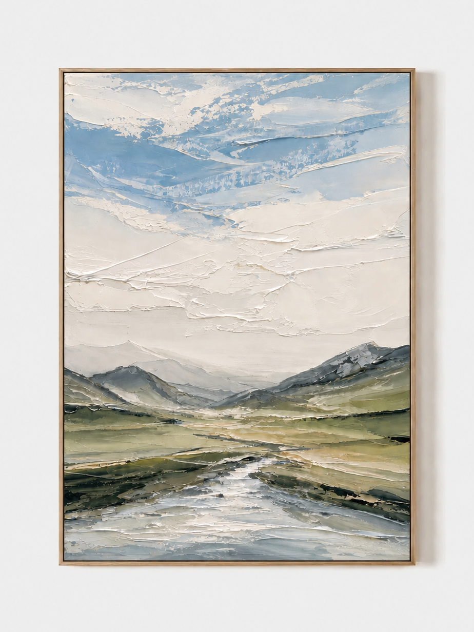 Hand-painted textured mountain valley landscape wall art in soft blue, ivory, sage green and gray on a white background
