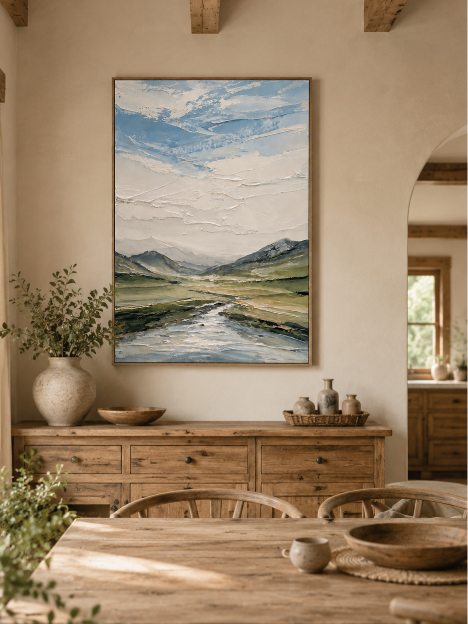 Hand-painted mountain valley wall art displayed in a modern open-plan dining room with neutral natural decor