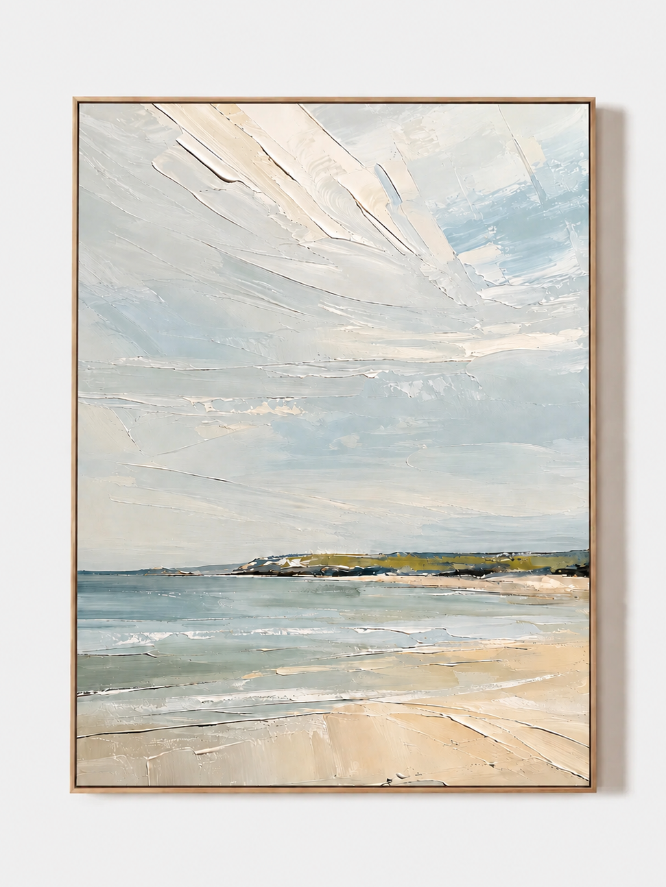 Hand-painted textured coastal beach wall art in soft blue, ivory and sandy neutral tones on a white background