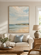 Modern textured coastal wall art by Evelyn Li displayed above a neutral sofa in a contemporary living room