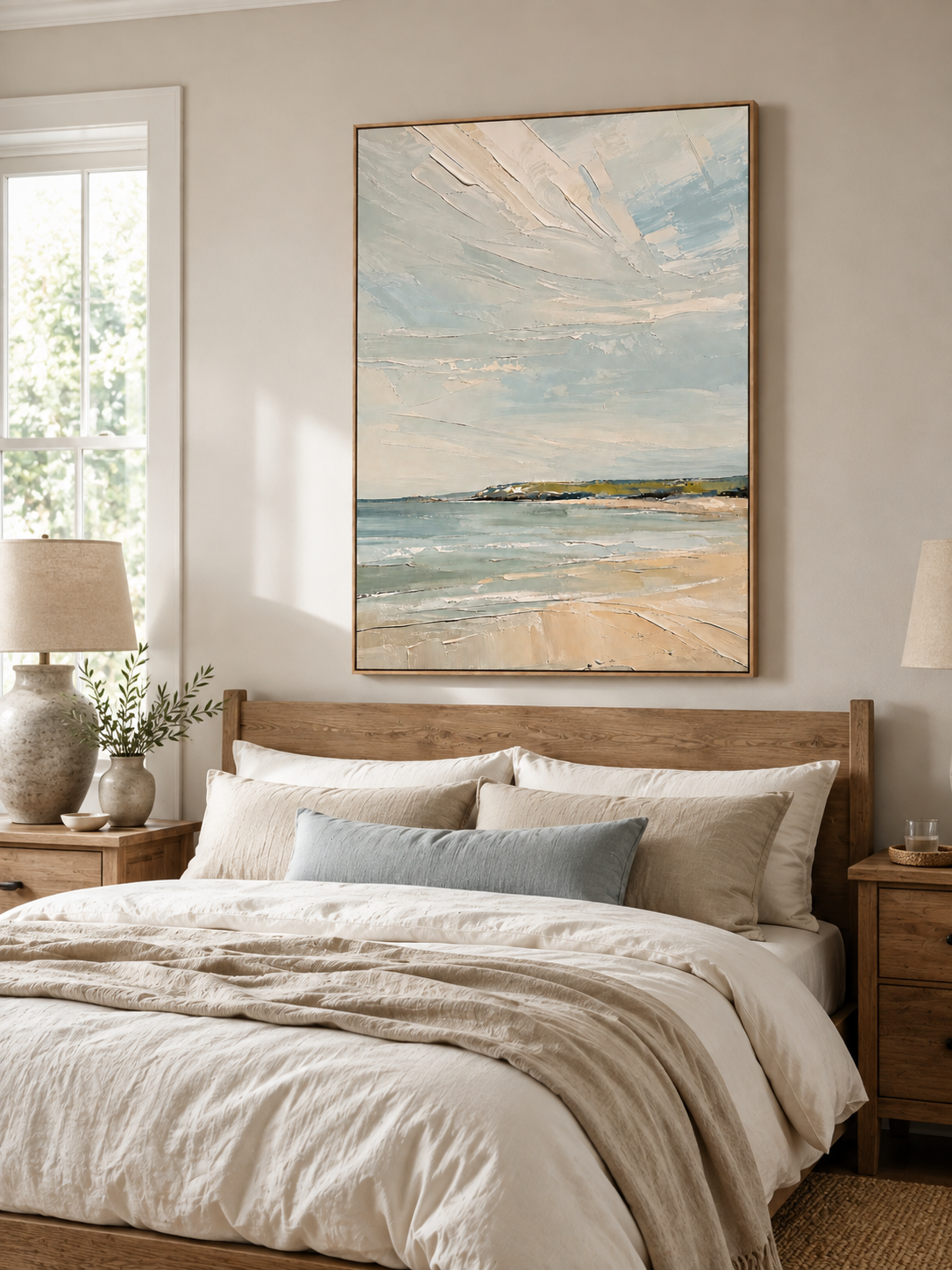Soft blue coastal beach painting displayed above the bed in a calm neutral modern bedroom