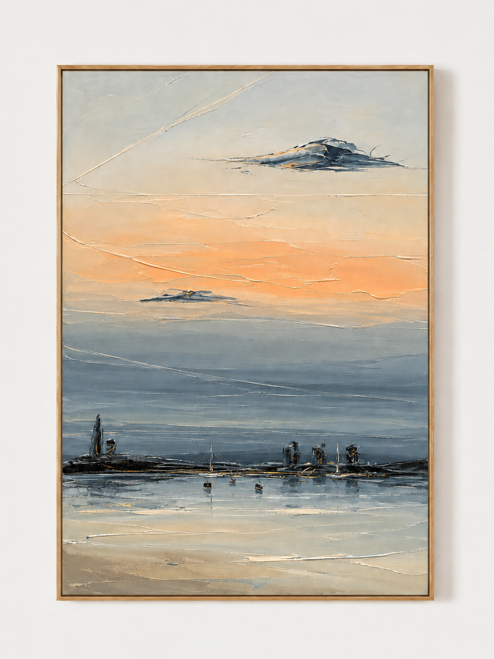 Hand-painted textured coastal sunset wall art with blue water, peach sky and quiet harbor on a white background
