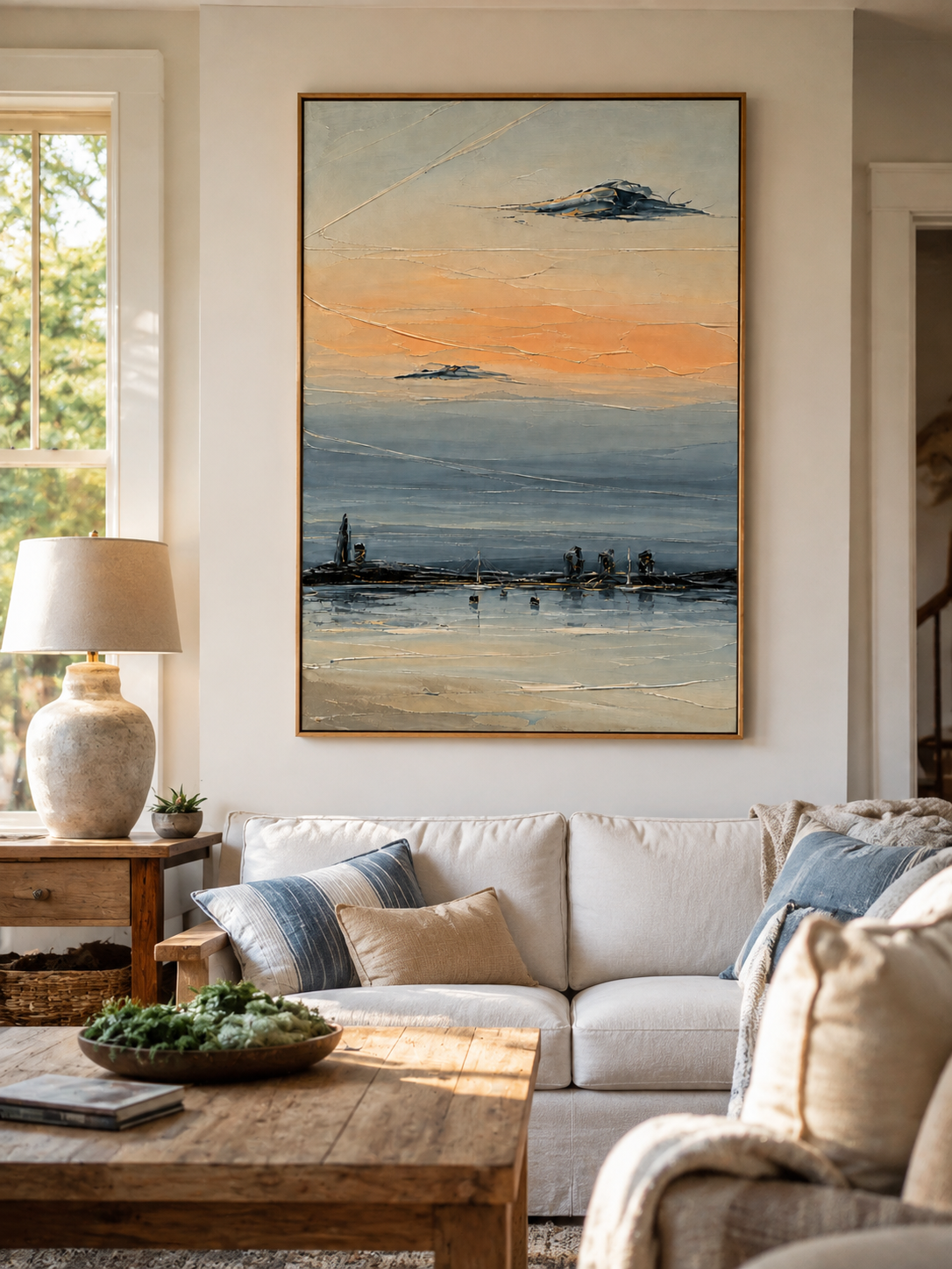 Modern textured coastal sunset painting by Evelyn Li displayed above a neutral sofa in a contemporary living room