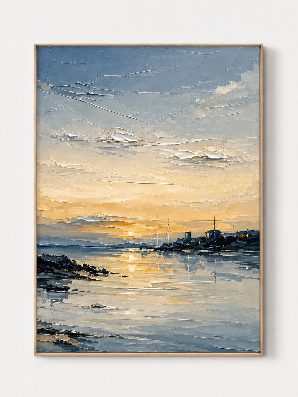 Hand-painted textured harbor sunset wall art with golden sky, blue-gray water, sailboats and coastal reflections on a white background