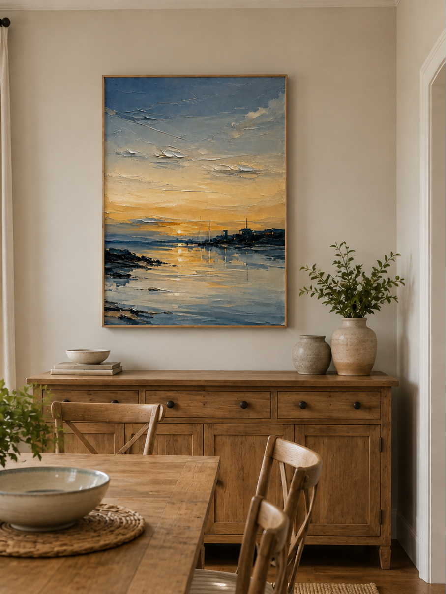 Hand-painted textured harbor wall art displayed in a modern open-plan dining room with natural wood decor