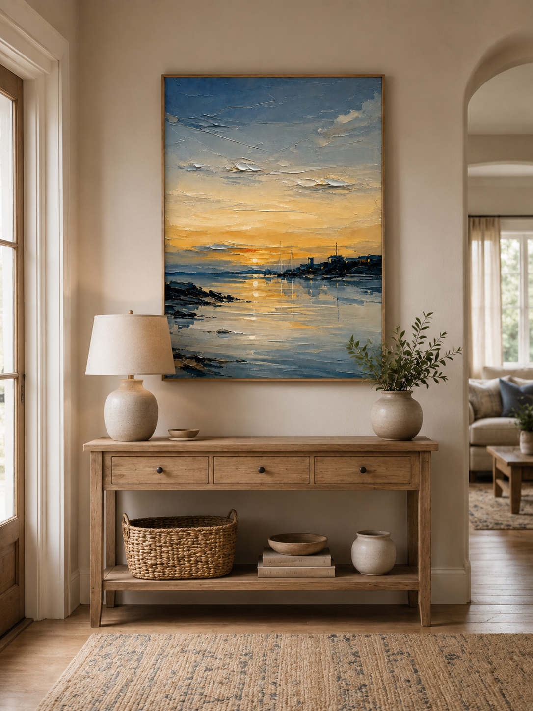 Golden sunset coastal painting displayed above a wood console in a modern organic entryway