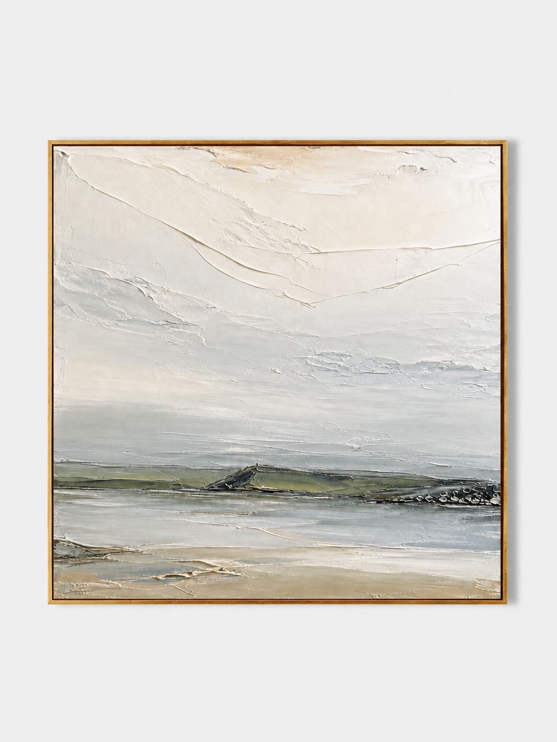Hand-painted minimalist textured coastal landscape wall art in ivory, sage green, blue-gray and sandy beige on a white background