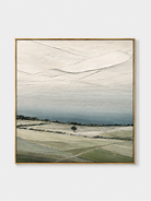 Hand-painted minimalist textured countryside landscape wall art with sage green fields, ivory sky and a lone tree on a white background