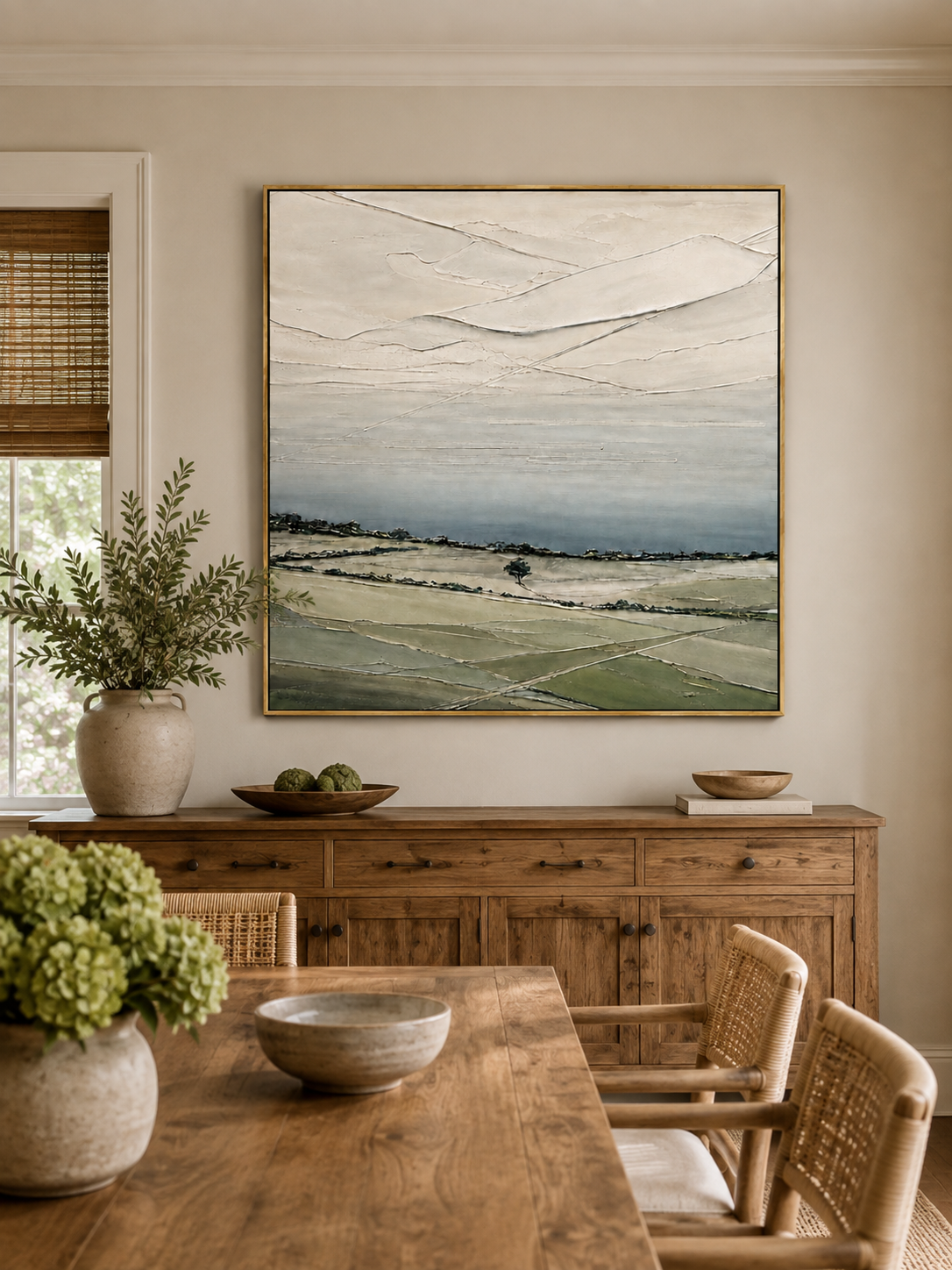 Hand-painted textured green landscape wall art displayed in a modern open-plan dining room with natural wood furniture
