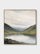 Hand-painted textured mountain lake wall art with sage green hills, blue-gray water and ivory sky on a white background