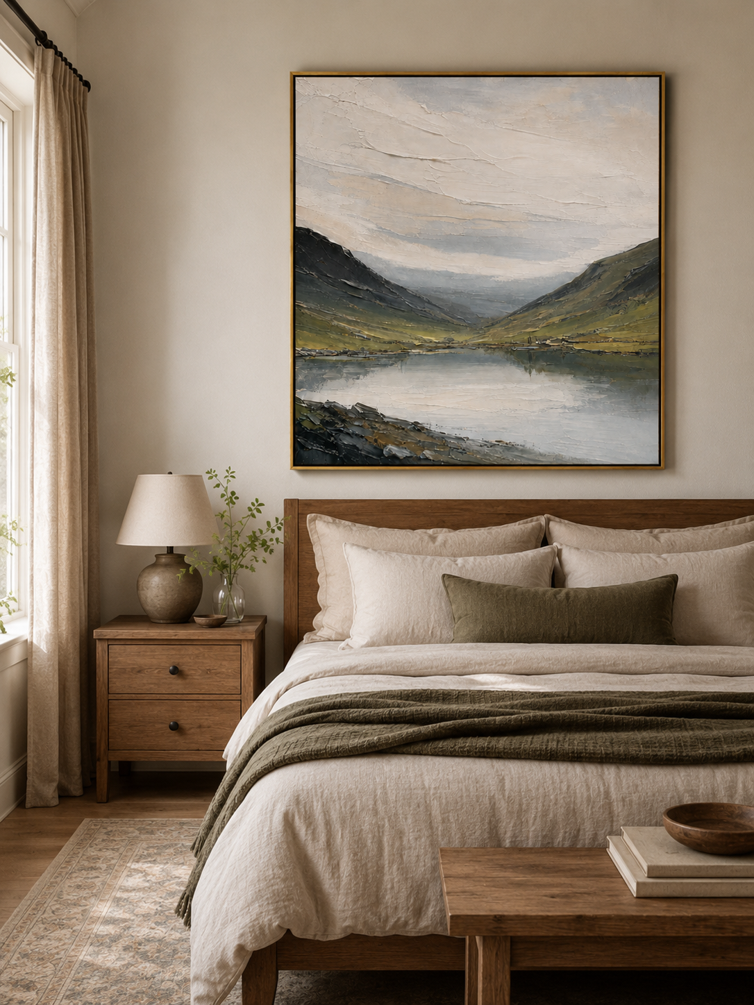 Calm mountain lake landscape wall art displayed above the bed in a neutral organic modern bedroom