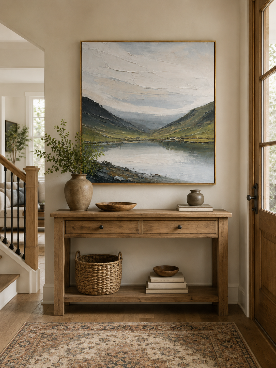 Sage green mountain lake painting displayed above a wood console in an organic modern entryway