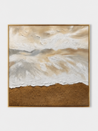 Hand-painted textured ocean wave wall art with ivory foam and warm brown sand on a white background