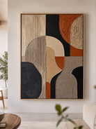 Modern abstract relief painting with geometric shapes and multiple textures in beige, black, terracotta, and grey colors.